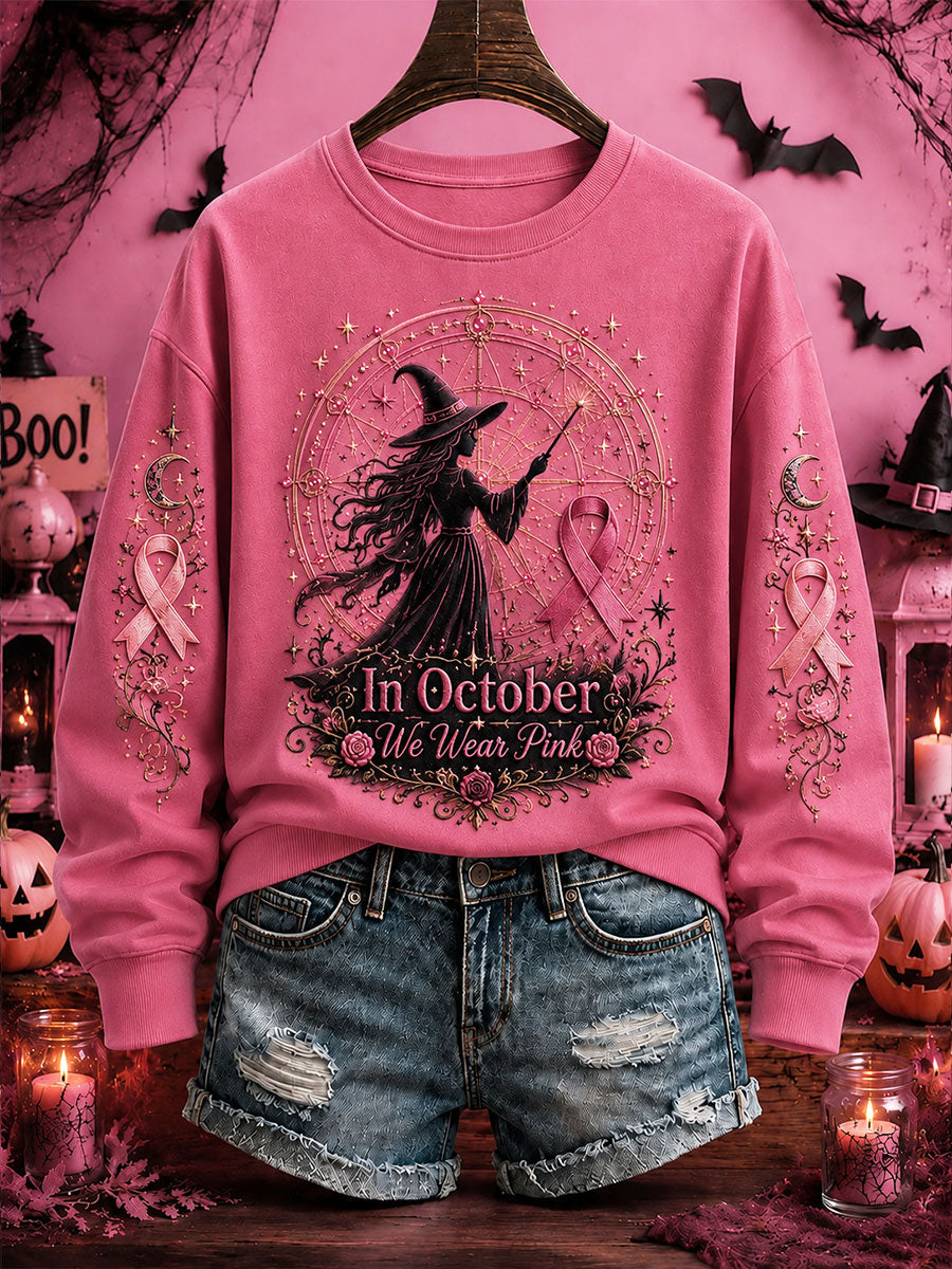 Women's Breast Cancer Awareness Halloween Witch-Themed Casual Regular Sweatshirt