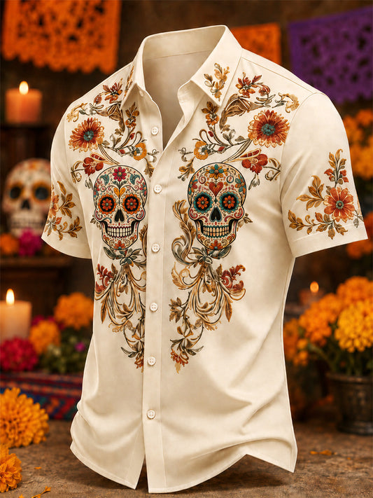 Men's Mexico Day of The Dead Art Print Casual Shirt