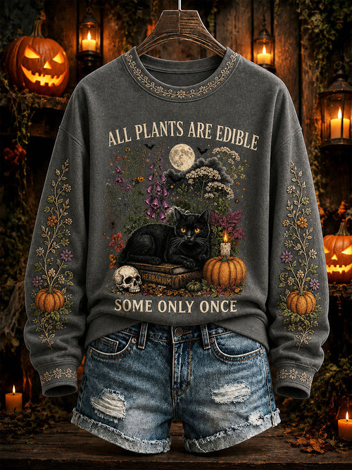 Women's "All Plants Are Edible Some Only Once" Halloween Floral Print Casual Regular Sweatshirt
