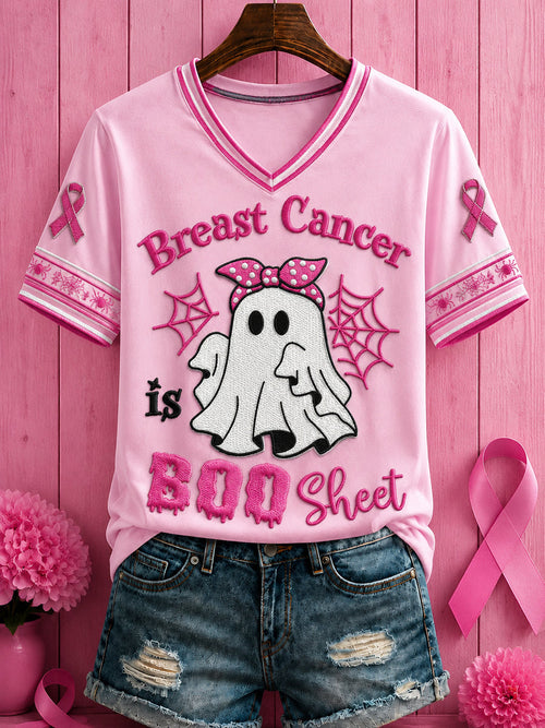 Women's Halloween Breast Cancer Pink Flowers Printed V-neck T-shirt