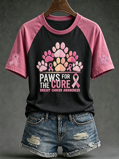 Women's breast cancer theme Paws For The Cure slogan cute dog print casual short-sleeve T-shirt