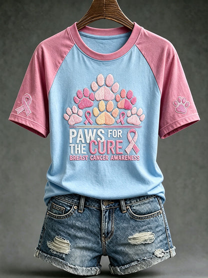 Women's breast cancer theme Paws For The Cure slogan cute dog print casual short-sleeve T-shirt