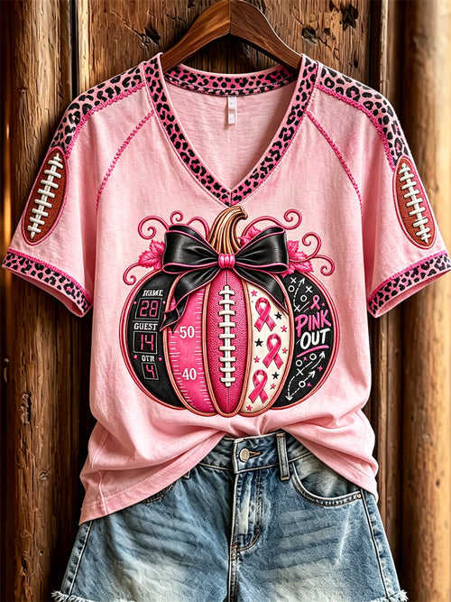 Women's Football Inspired Pink Out Breast Cancer Pumpkin Floral Print short-sleeved T-shirt