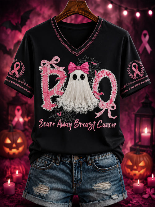 Women's “Scare Away Breast Cancer” Printed V-neck T-shirt
