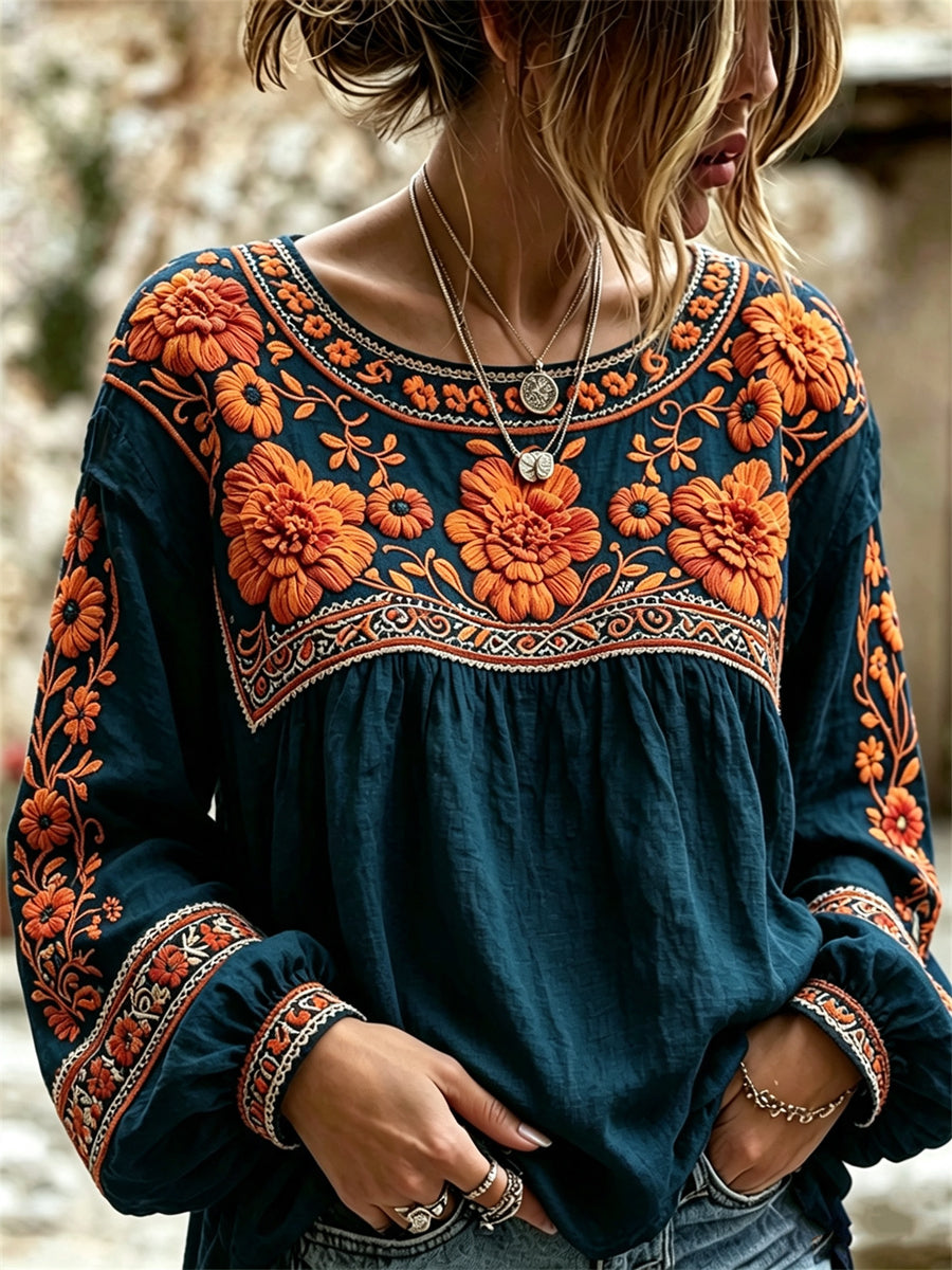 Women's Day of the Dead Mexican Marigolds Floral Print Cotton-Linen Shirt