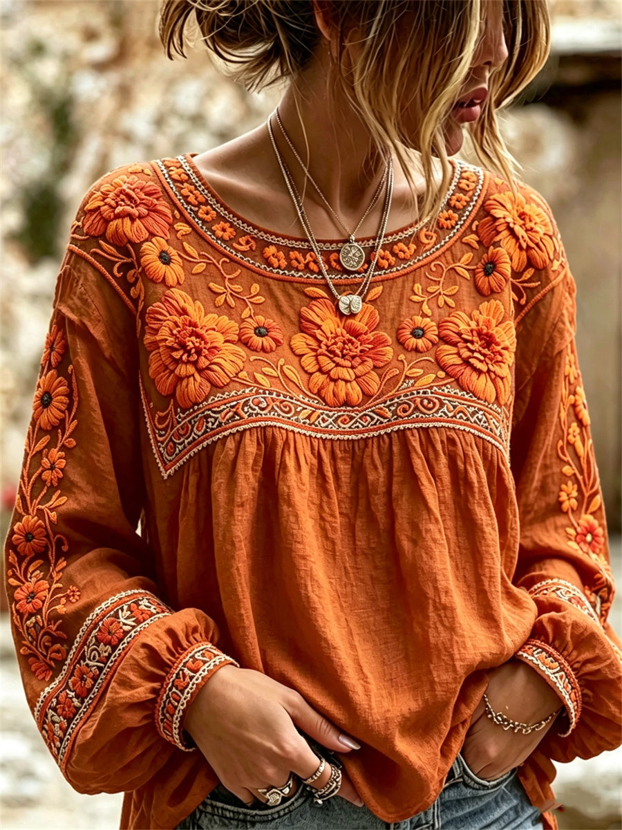 Women's Day of the Dead Mexican Marigolds Floral Print Cotton-Linen Shirt