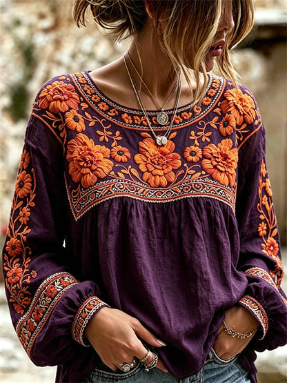 Women's Day of the Dead Mexican Marigolds Floral Print Cotton-Linen Shirt