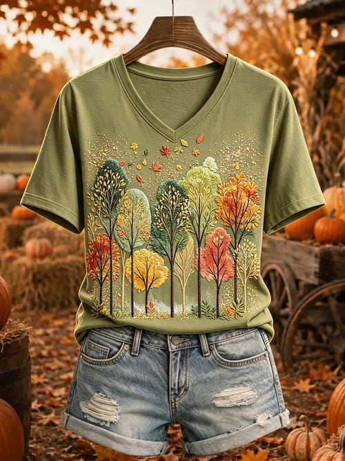 Women's Vintage Autumn Tree Print Short-sleeved T-shirt