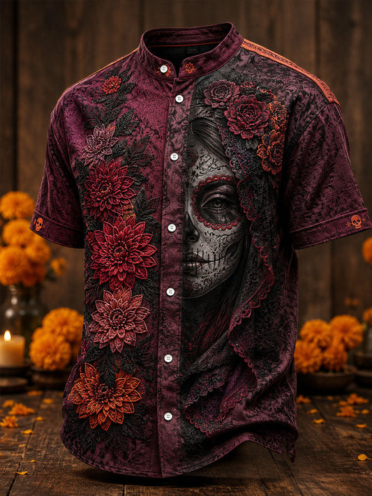 Men's Mexico Day of The Dead Floral Art Printed Linen Shirt