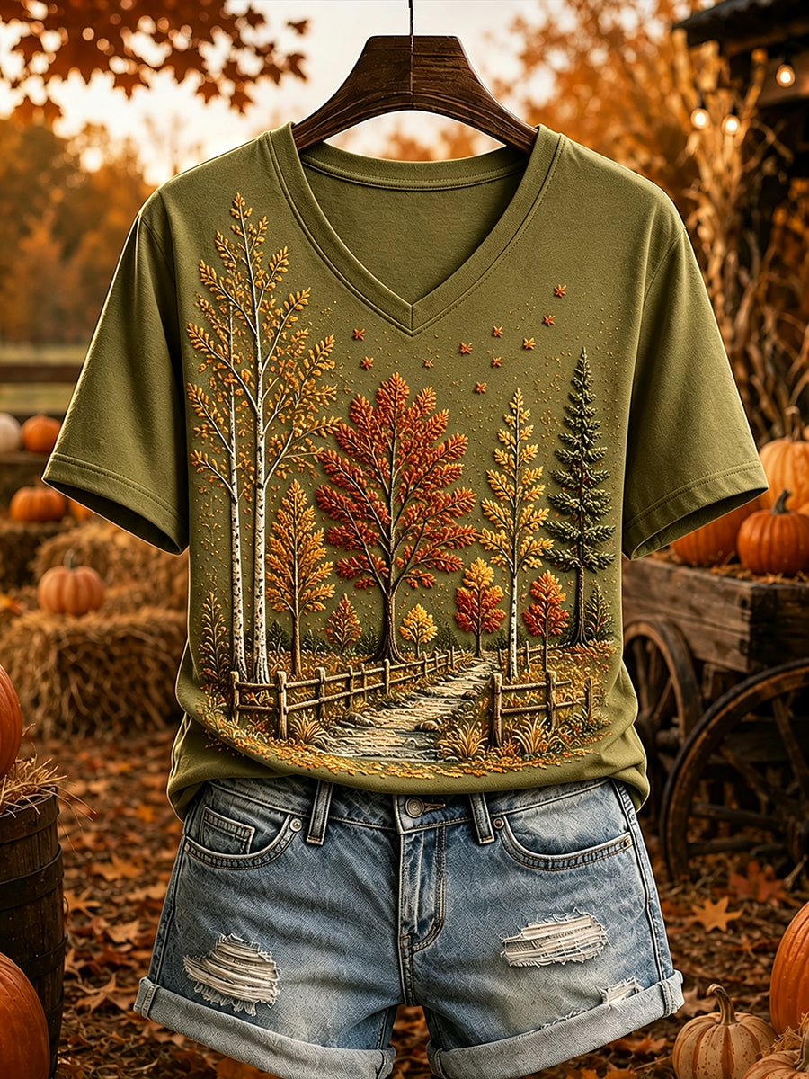 Women's Vintage Fall Trees Print Cozy Short-sleeved T-shirt