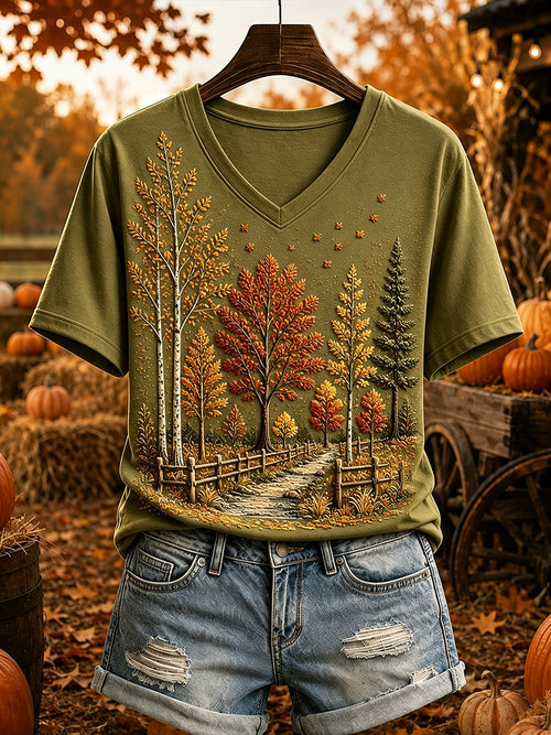 Women's Vintage Fall Trees Print Cozy Short-sleeved T-shirt