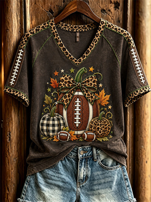 Women's Football Inspired Fall Pumpkin Print short-sleeved T-shirt