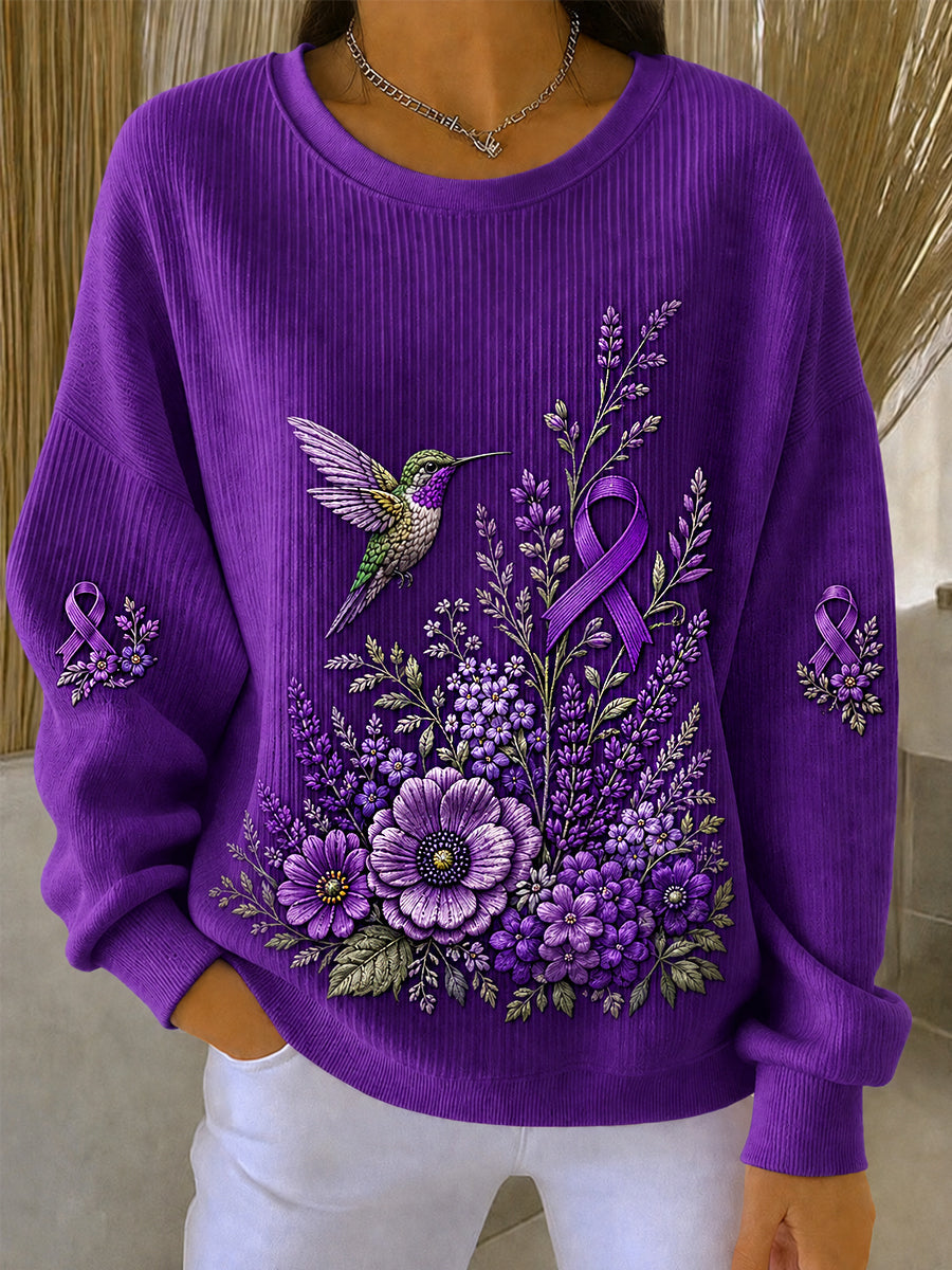 Women's Purple Floral & Hummingbird Print Alzheimer's Awareness Support Sweatshirt