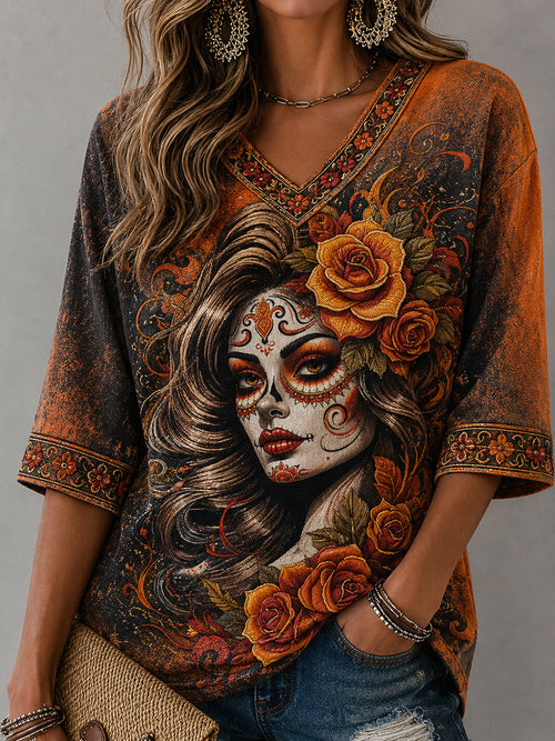 Women's Day Of the Dead Style Elements Pattern Print Casual Mid-length Sleeves V-Neck T-Shirt