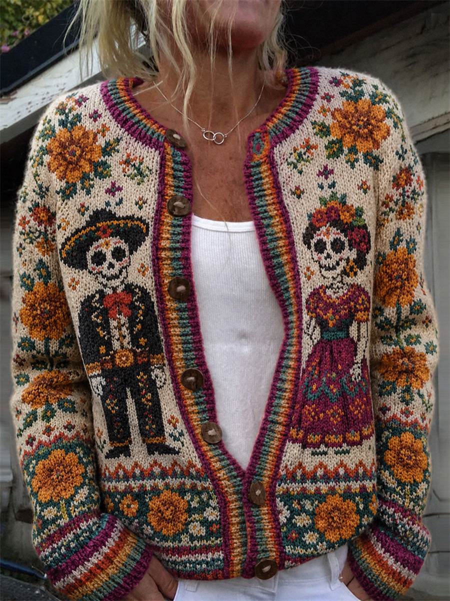 Women's Day of the Dead Sugar Skulls Mexican Floral Isle Pattern Print Cardigan