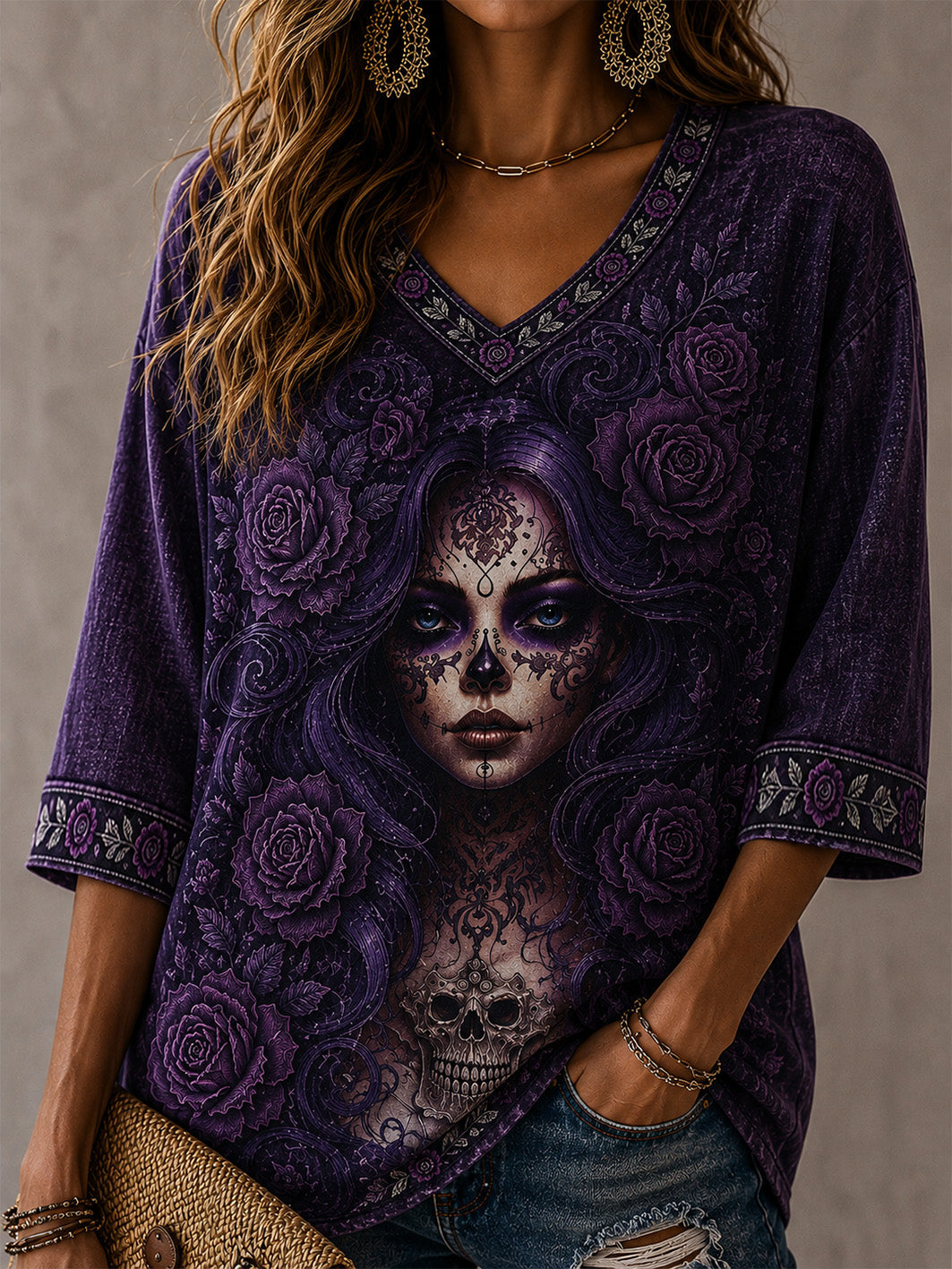 Women's Day Of the Dead Style Elements Pattern Print Casual Mid-length Sleeves V-Neck T-Shirt