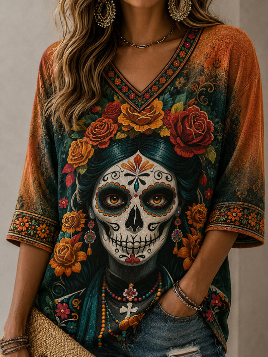 Women's Day Of the Dead Style Elements Pattern Print Casual Mid-length Sleeves V-Neck T-Shirt