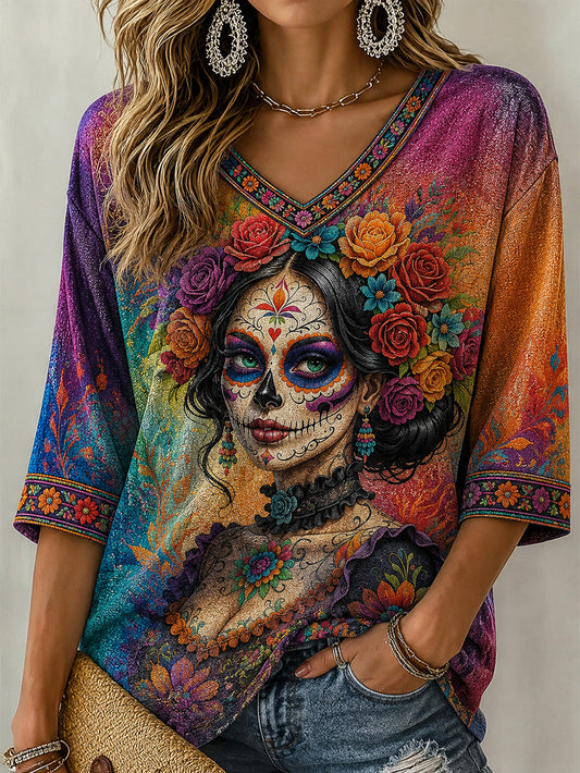 Women's Day Of the Dead Style Elements Pattern Print Casual Mid-length Sleeves V-Neck T-Shirt
