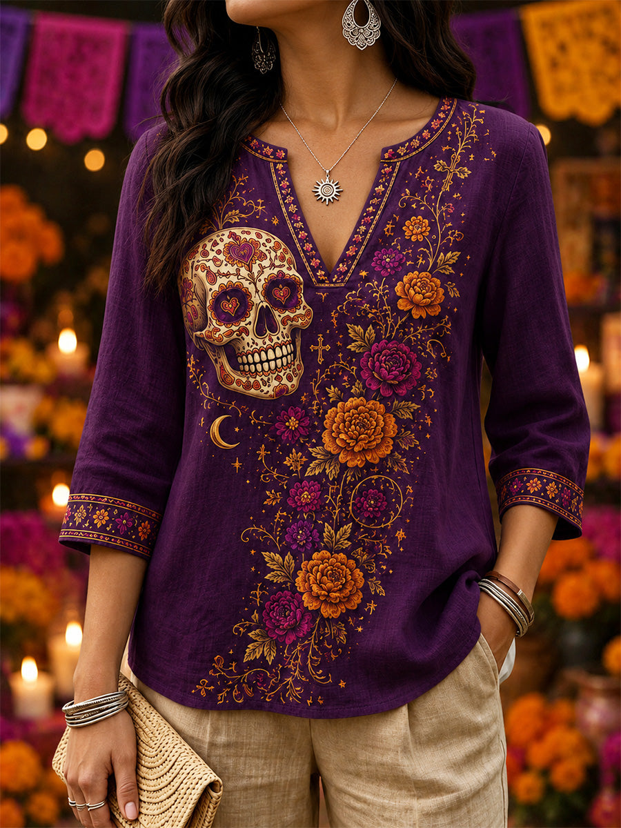 Women's Mexico Day of The Dead Art Print Casual V-Neck Top