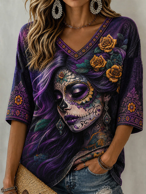 Women's Day Of the Dead Style Elements Pattern Print Casual Mid-length Sleeves V-Neck T-Shirt