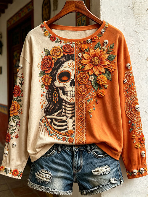 Women's Mexico Day of The Dead Floral Art Printed T-shirt