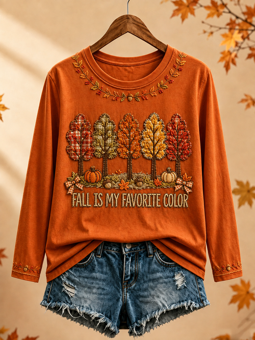 Women's Fall Is My Favorite Color Printed Round neck long sleeve T-shirt