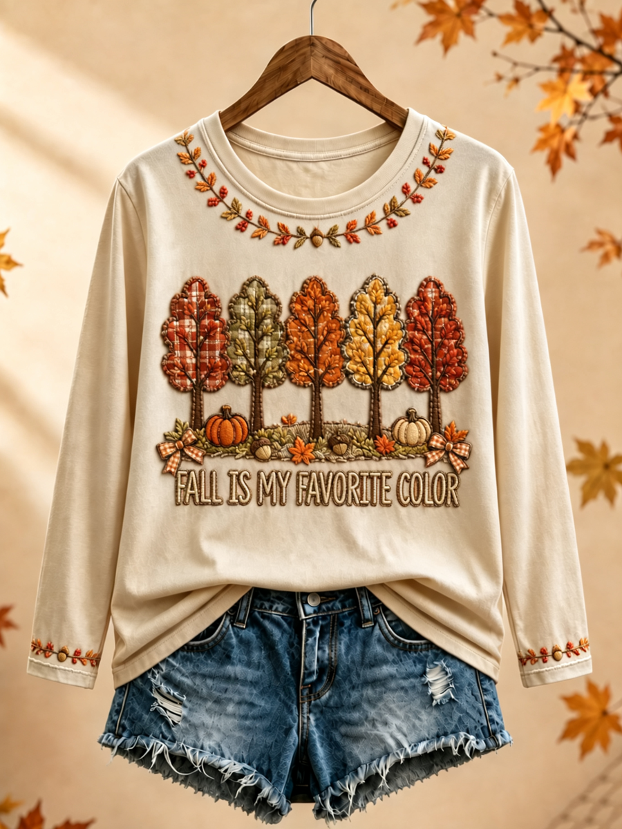 Women's Fall Is My Favorite Color Printed Round neck long sleeve T-shirt
