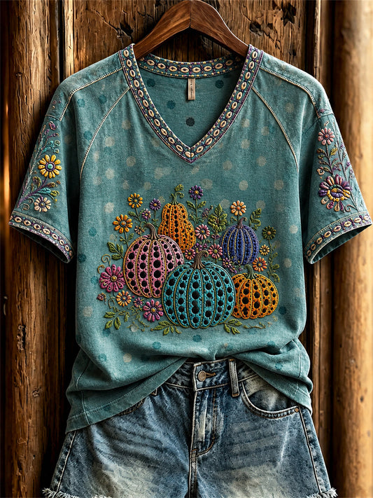 Women's Halloween Pumpkins Floral Polka Dots Art Print short-sleeved T-shirt