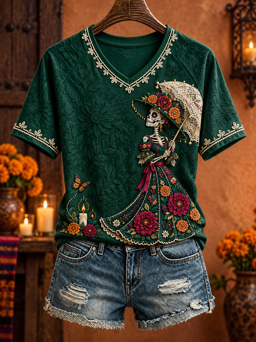 Women's Mexico Day of The Dead Floral Art Printed T-shirt