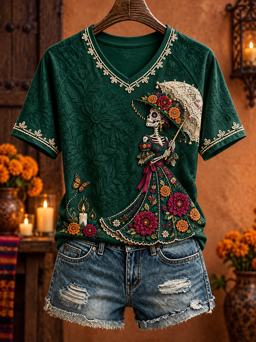 Women's Mexico Day of The Dead Floral Art Printed T-shirt